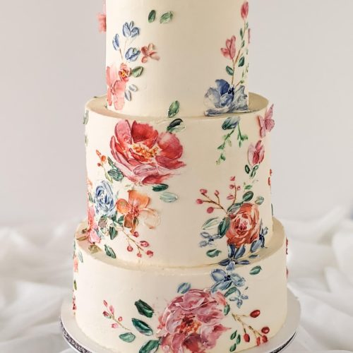 3 tier painted wedding cake red peony and rose